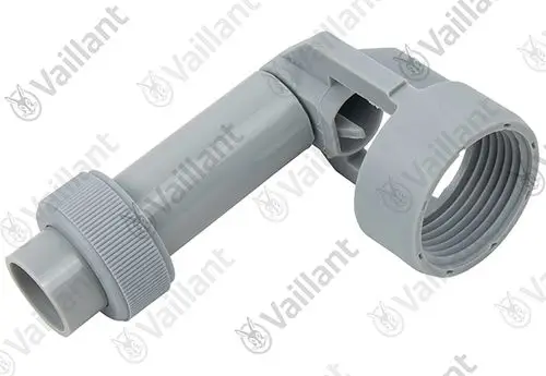 Grauer Ablauftrichter von Vaillant mit Anschluss, der eine gebogene Form hat und für die Verbindung von Rohren in Abwassersystemen eingesetzt wird.